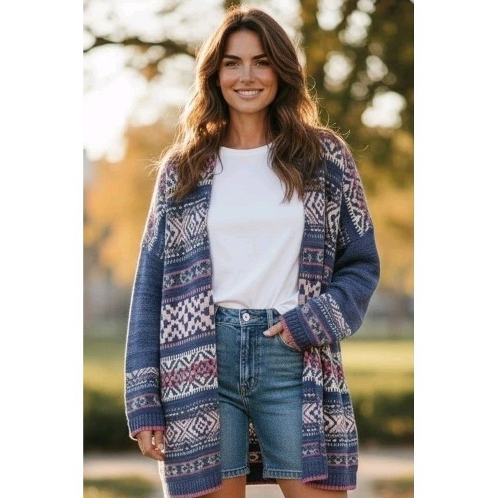 Chaps Women's Open Cardigan Blue Southwest‎ Western Boho Geometric Print SZ XL - Picture 2 of 11